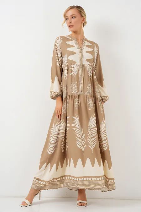 2423 Otantik Desenli Tesettür Elbise - M. Camel