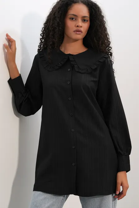 Women's Wide Collar Ruffle Detail Striped Tunic Shirt 5993 - Black
