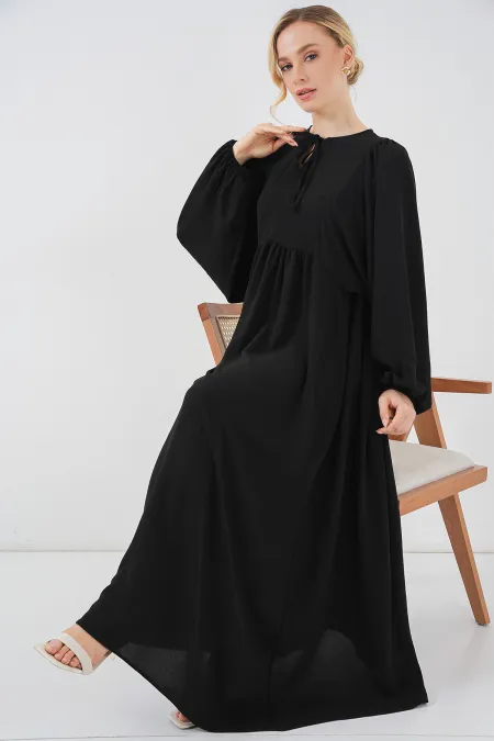 Women's Balloon Sleeve Long Hijab Dress 2464 - D. Black