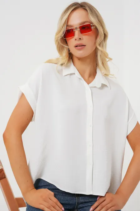Kadın Oversize Kısa Kol Gömlek 20322 - Beyaz