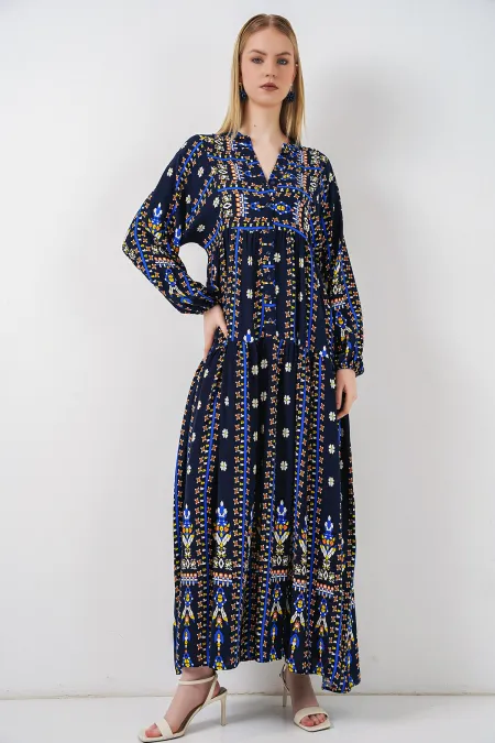 Women's Patterned Long Hijab Dress 2585 - P. Navy Blue
