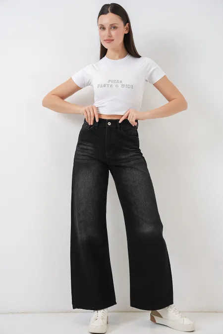 Women's Wide Leg High Waist Palazzo Jeans 6656 - Black
