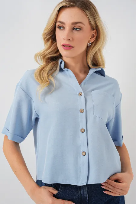 Women's Linen Look Crop Shirt 20339 - Blue