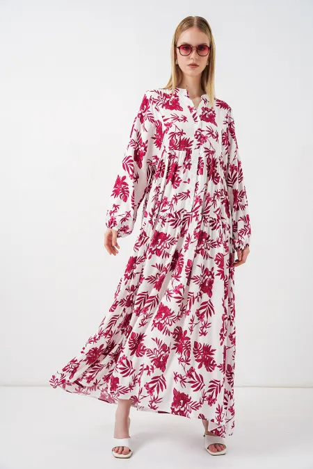 Kadın Desenli Uzun Tesettür Elbise 2585 - V. Kırmızı