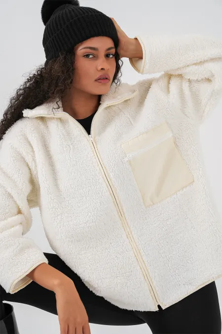 55446 Fermuarlı Oversize Peluş Mont - Bej