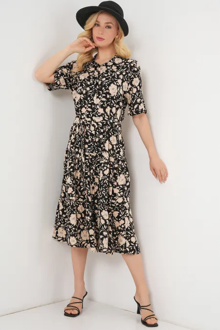 Robe à manches courtes à motifs pour femme 2560 - Noire