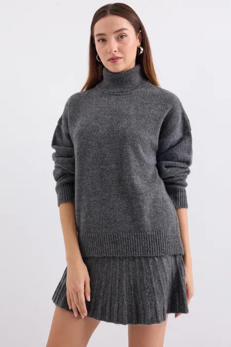 15891 Sweater Skirt Knitwear Two Piece Set - Anthracite