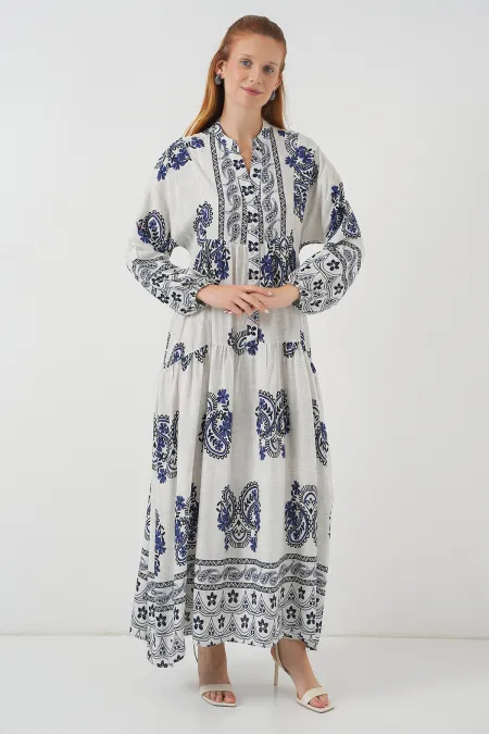 Robe longue hijab à motifs pour femme 2585 - Bleu marine clair