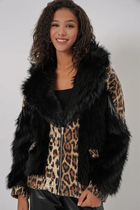 Manteau en fourrure pelucheuse 5209 - Noir