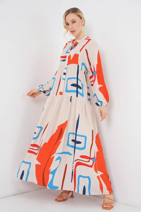 Women's Patterned Long Hijab Dress 2585 - Orange