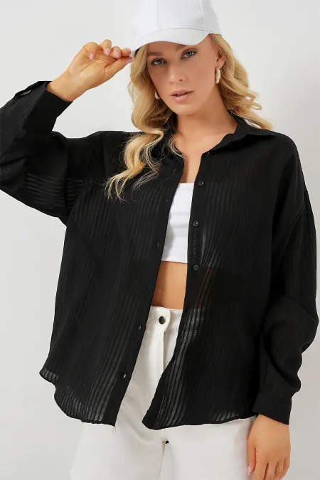 Chemise longue oversize pour femme 20320 - Noire