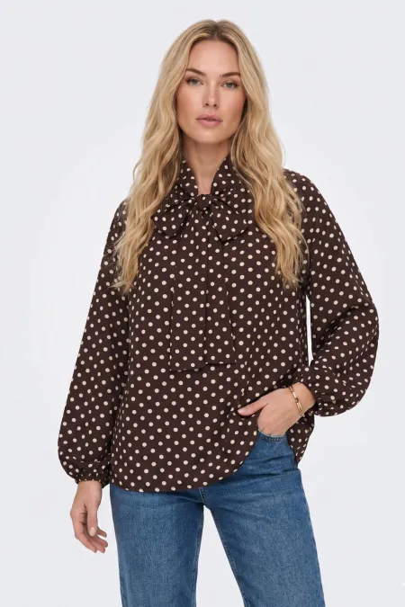 Women's Polka Dot Scarf Collar Blouse 40007 - Brown