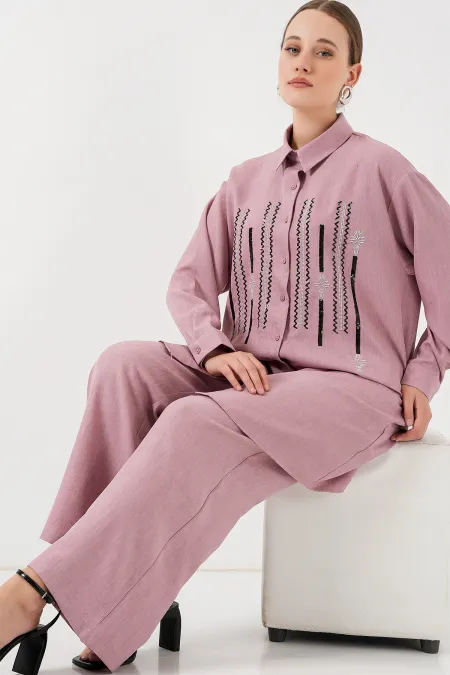 Ensemble deux pièces tunique et pantalon à motifs 6720 - Rose