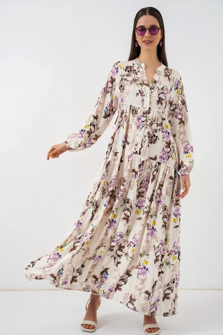 Women's Patterned Long Hijab Dress 2585 - I. Brown