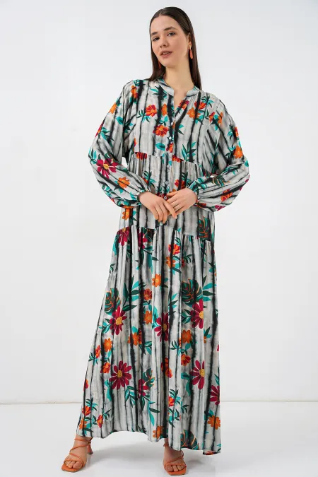 Women's Patterned Long Hijab Dress 2585 - Dark Anthracite