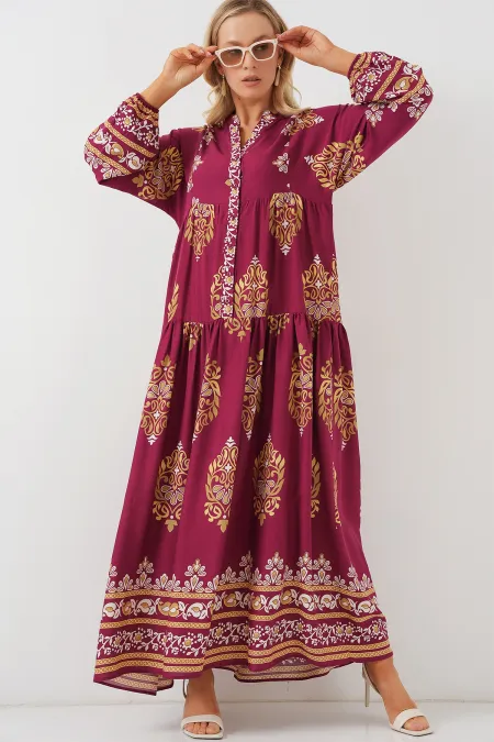 2423 Authentic Patterned Hijab Dress - Dark Burgundy