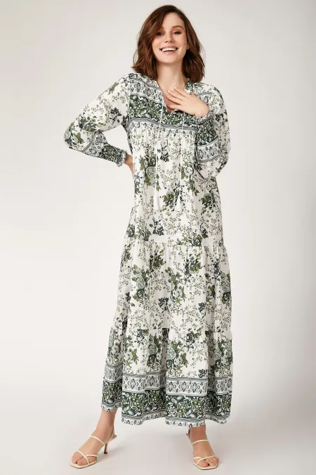 1947 Patterned Long Dress - Khaki