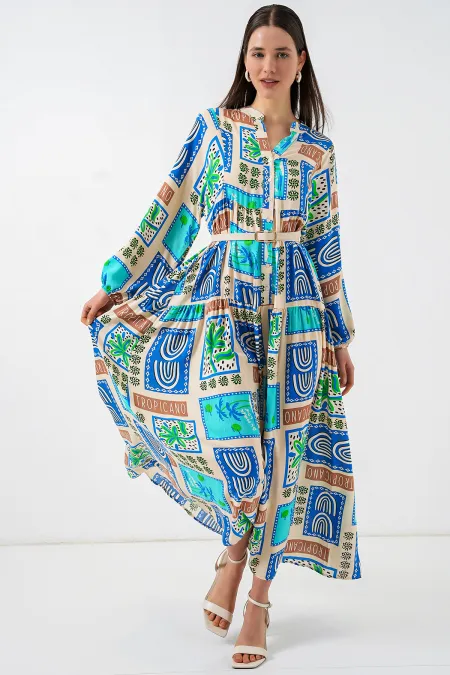 Women's Patterned Long Hijab Dress 2585 - A. Turquoise