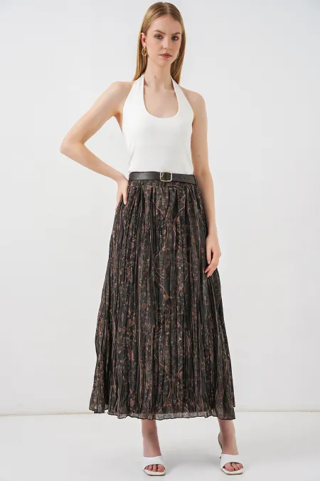 Kadın Kemerli Desenli Etek 8074 - Füme