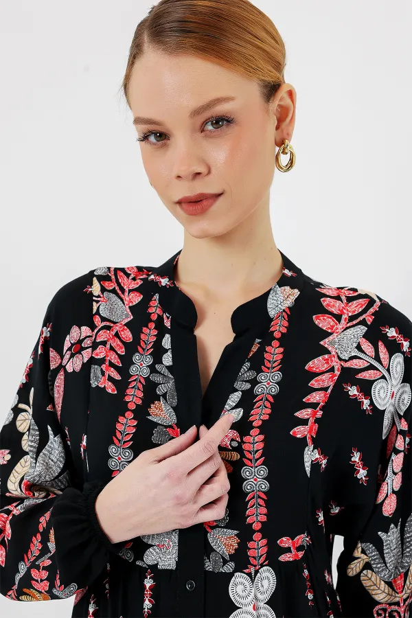 2423 Authentic Patterned Hijab Dress - Black - Terracotta