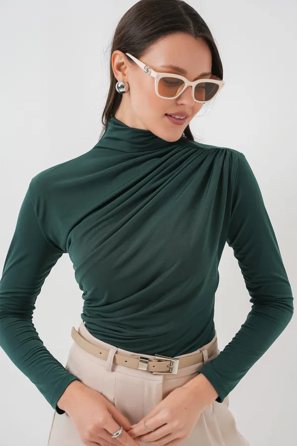 925 Büzgü Detaylı Sandy Bluz - Zümrüt Yeşili