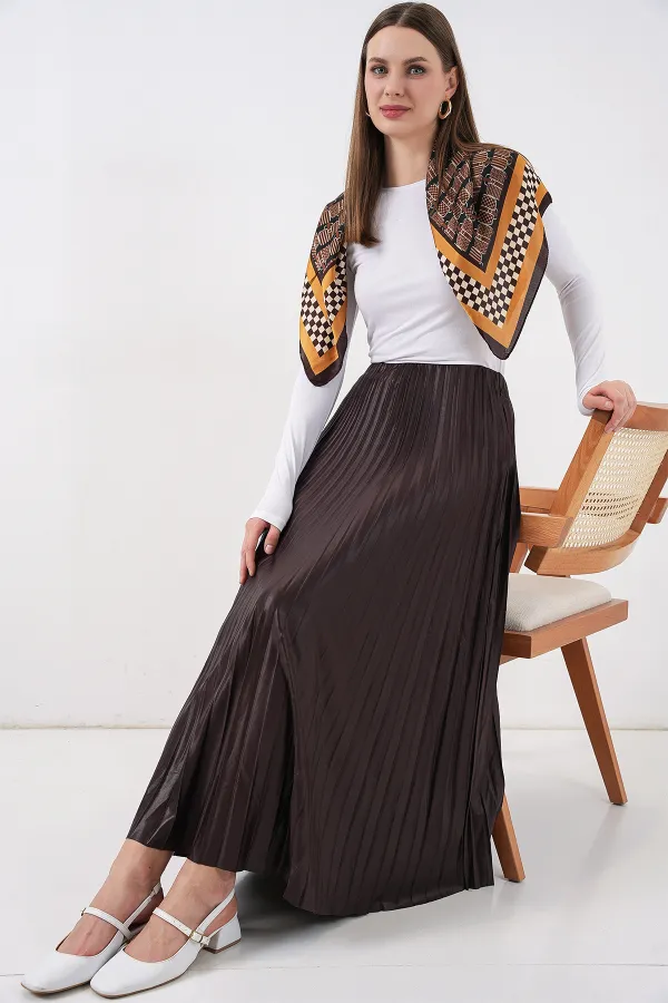 8009 Deri Görünümlü Piliseli Etek - Kahverengi
