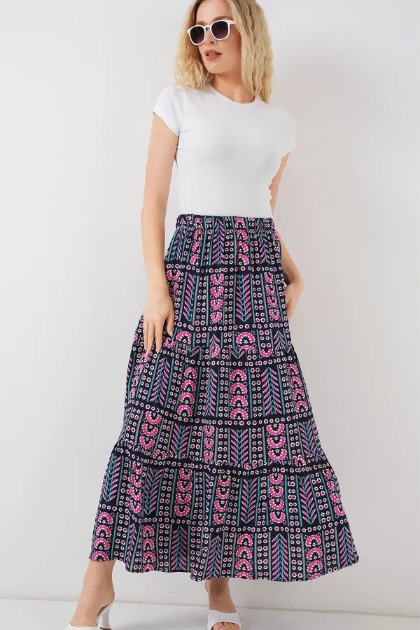 Women's Patterned Long Skirt 8053 - Navy Blue