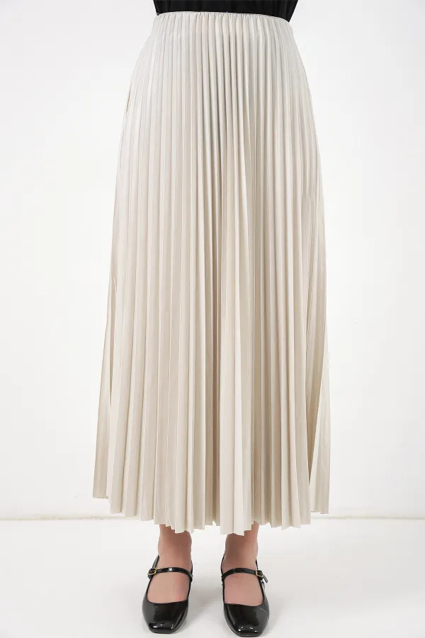 8009 Deri Görünümlü Piliseli Etek - Krem