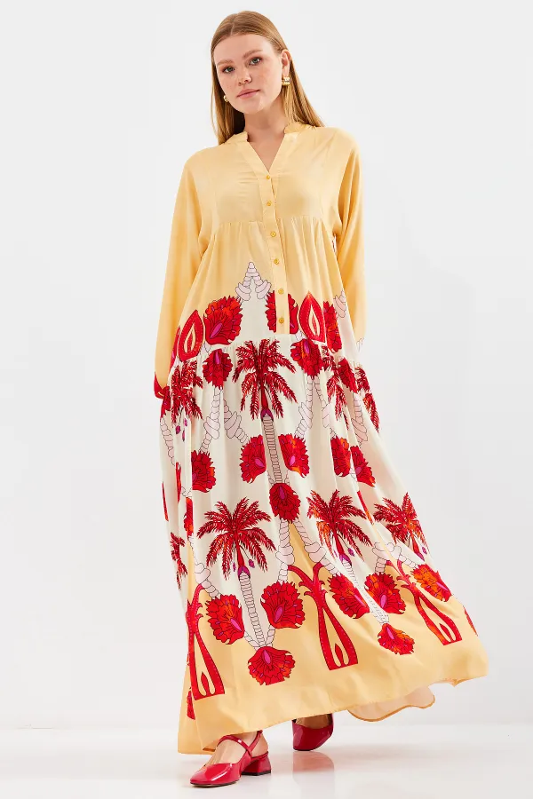 Robe hijab en viscose jaune et rouge pour femme 2423