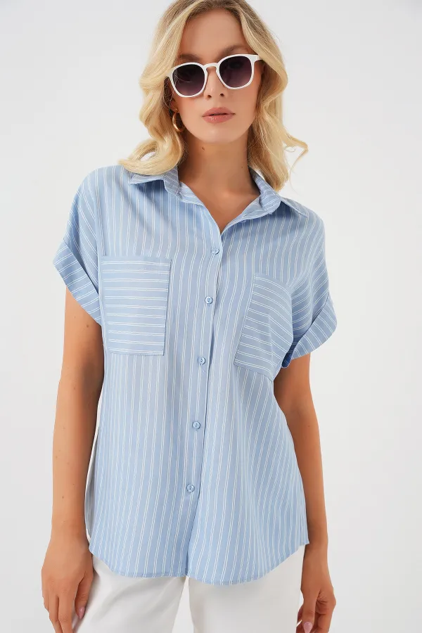 Women's Short Sleeve Striped Oversize Shirt 20303 - Blue
