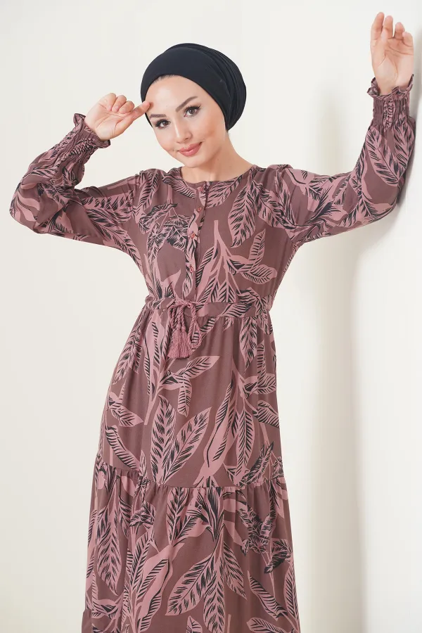 2145 Patterned Hijab Dress - Brown 2145 Patterned Hijab Dress - Brown