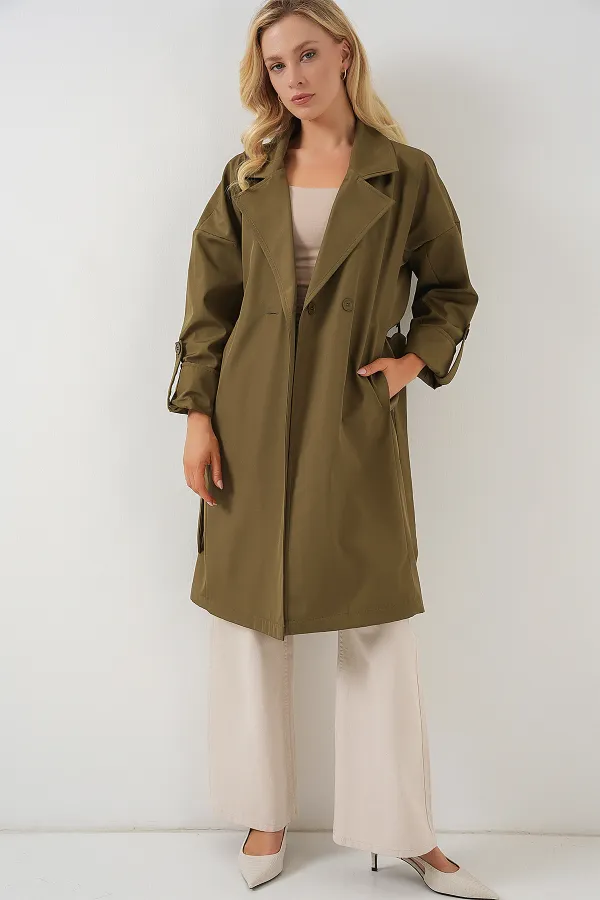 9104 Double-Breasted Lined Trench Coat - Khaki