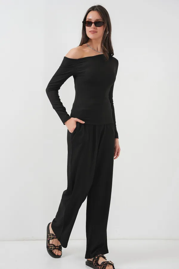 6708 Düşük Omuz Alt Üst Takım - Siyah