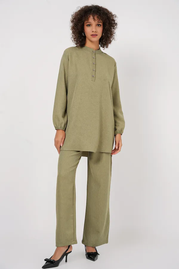 6678 Keten Tunik Pantolon İkili Takım - Çağla