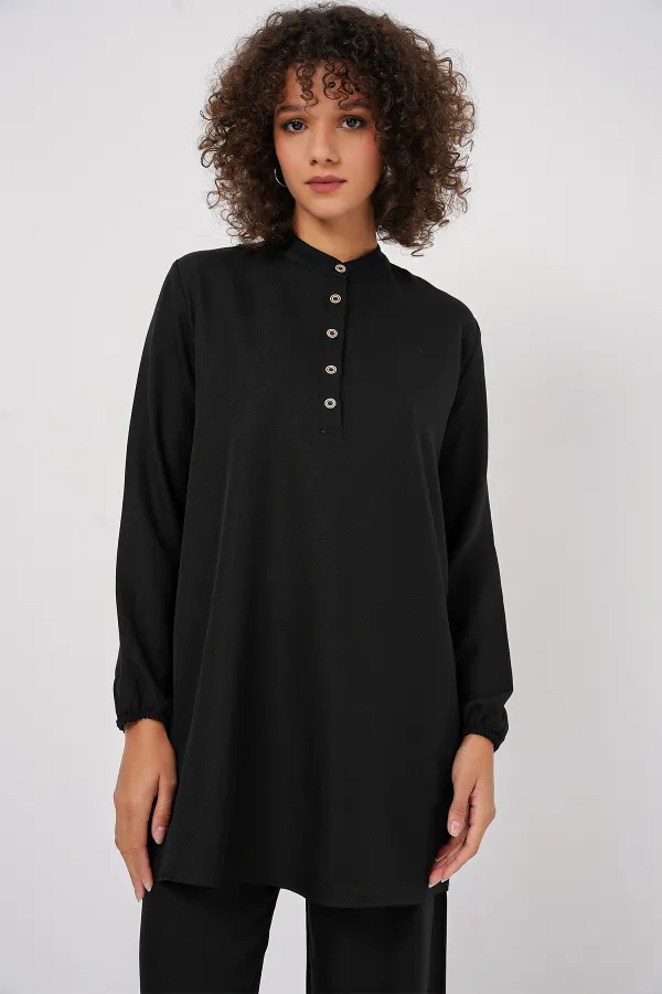 6678 Keten Tunik Pantolon İkili Takım - Siyah