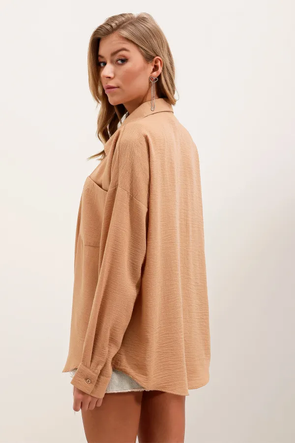 Chemise oversize en lin à poche unique 20153 - Biscuit
