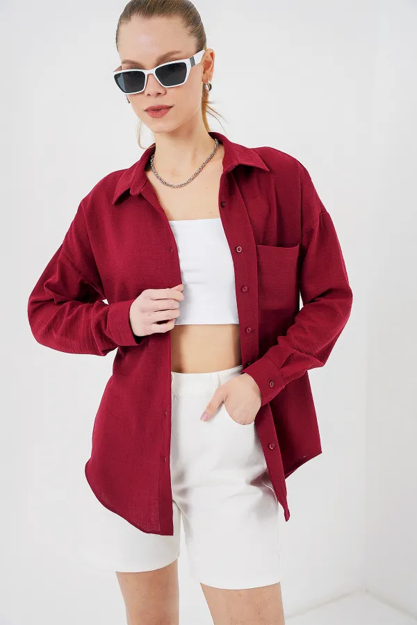 20153 Tek Cepli Oversize Keten Gömlek - Bordo 20153 Tek Cepli Oversize Keten Gömlek - Bordo