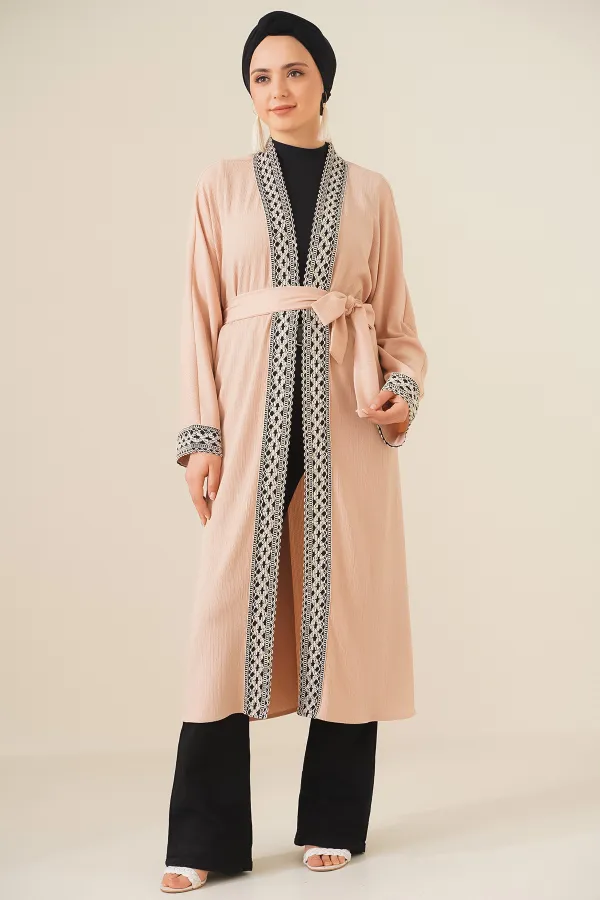 5865 Embroidered Knitted Long Kimono - Biscuit