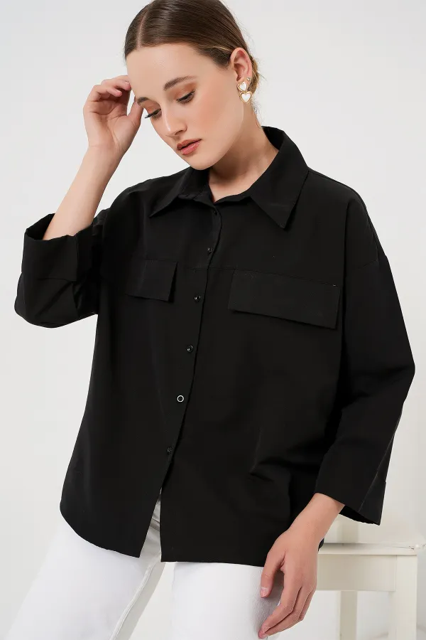 Women's Pocket Detailed Oversize Shirt 20313 - Black