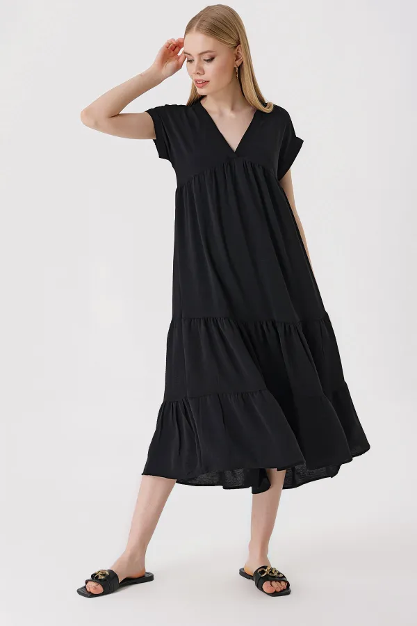 2398 V-Neck Ruffled Dress - Black