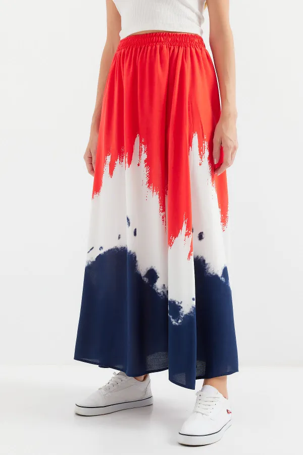 8025 Patterned Long Viscose Skirt - Red