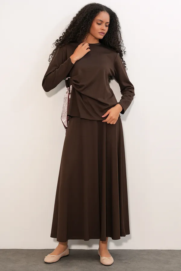 Women's Scarf Blouse and Skirt Two-Piece Set 8077 - Brown Women's Scarf Blouse and Skirt Two-Piece Set 8077 - Brown