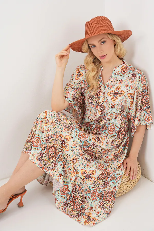 Women's Patterned Short-Sleeve Dress 2562 - Brown