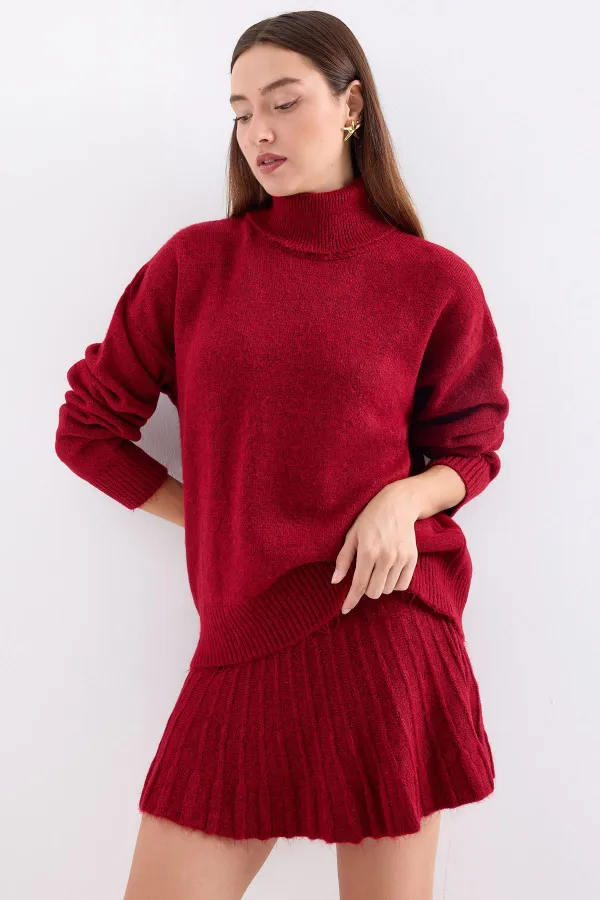 15891 Sweater Skirt Knitwear Two Piece Set - Red