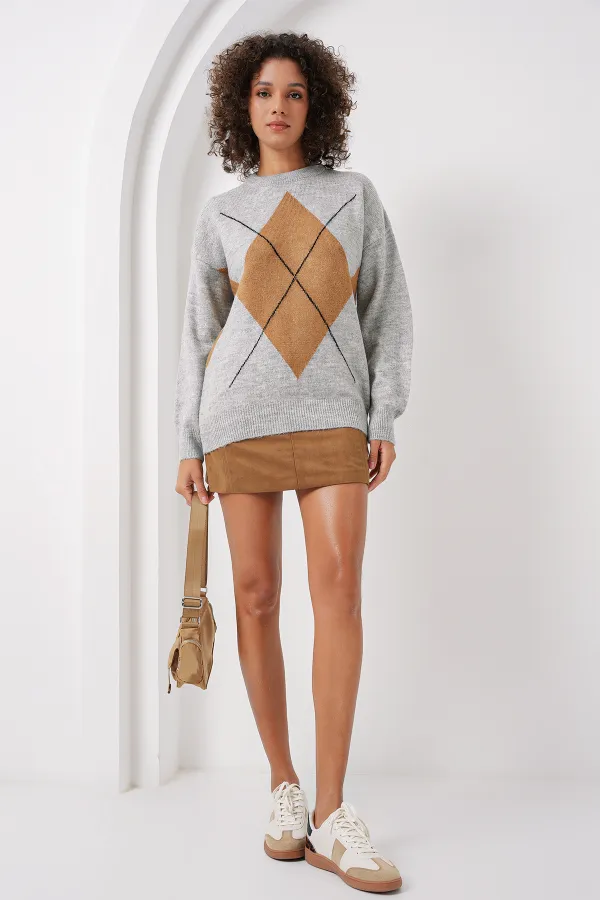 15895 Baklava Pattern Oversize Knit Sweater - Grey