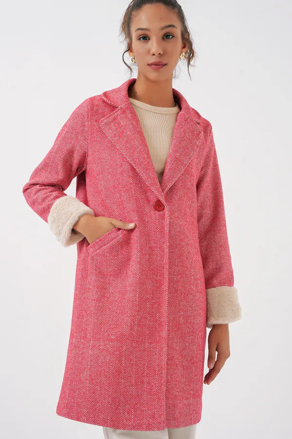 9145 Women's Herringbone Cashmere Coat with Feathered Sleeves - Red