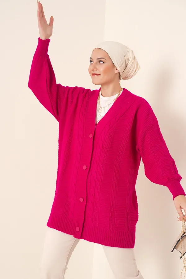 15768 Tesettür Triko Hırka - Koyu Pembe