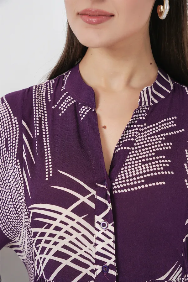 Kadın Desenli Uzun Tesettür Elbise 2585 - Mor