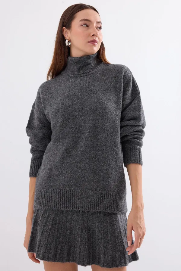 15891 Sweater Skirt Knitwear Two Piece Set - Anthracite