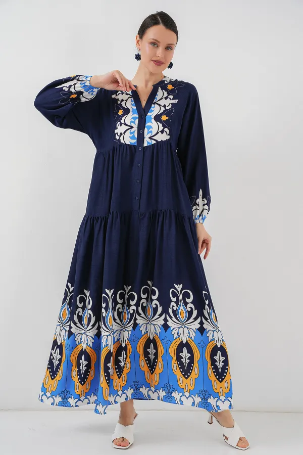 Robe hijab à motifs authentiques 2423 - Bleu marine 4